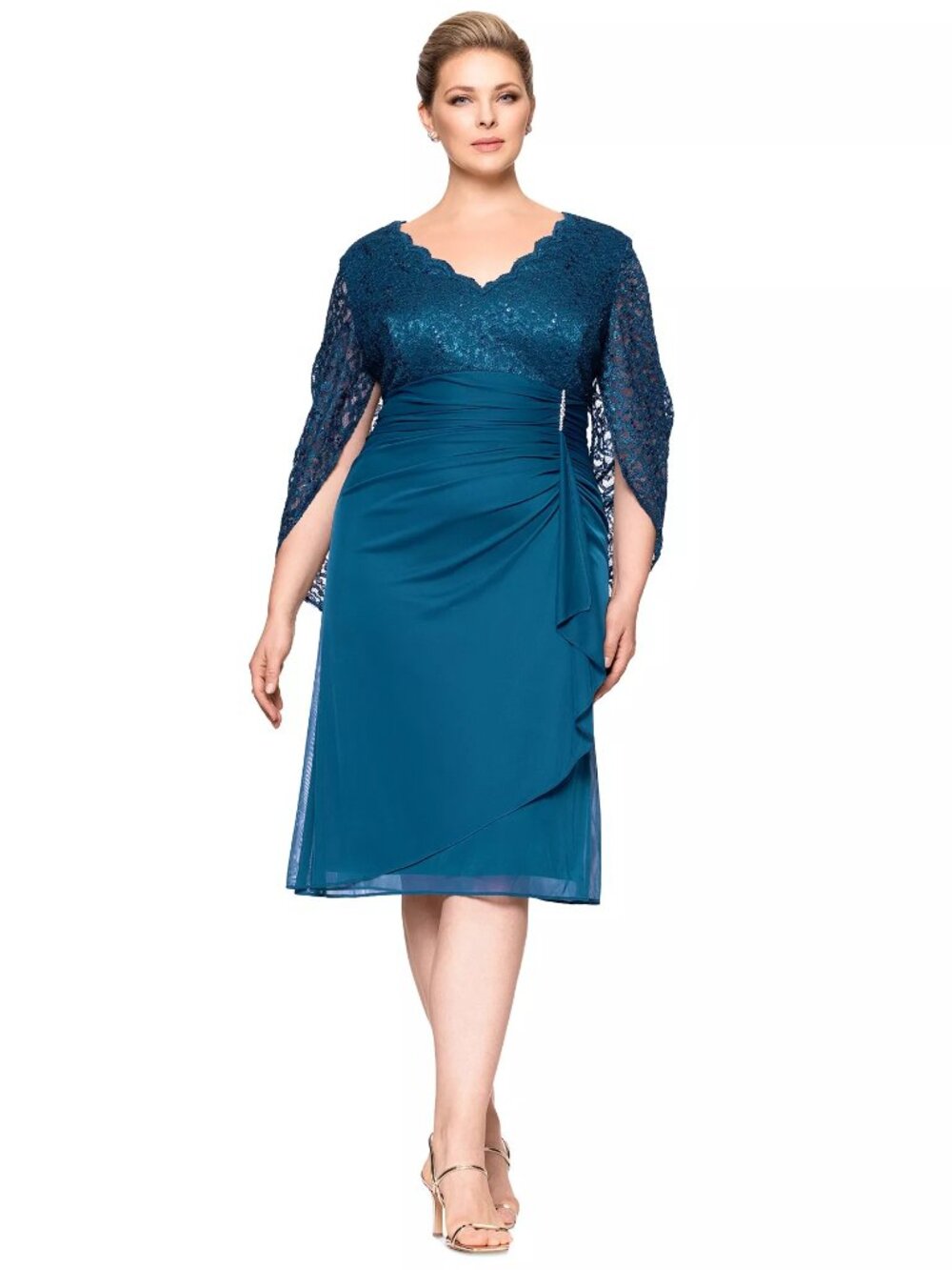 B&A By Betsy & Adam Lace Draped-Back Sheath Dress Peacock Plus Size 14W